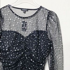 NWT Express Star Print Ruched Mesh LS Top